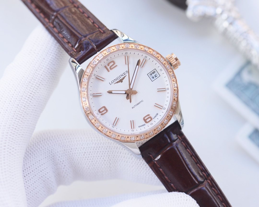 LONGINES Brown Rose Gold White Dial Leather Strap Watch — hero