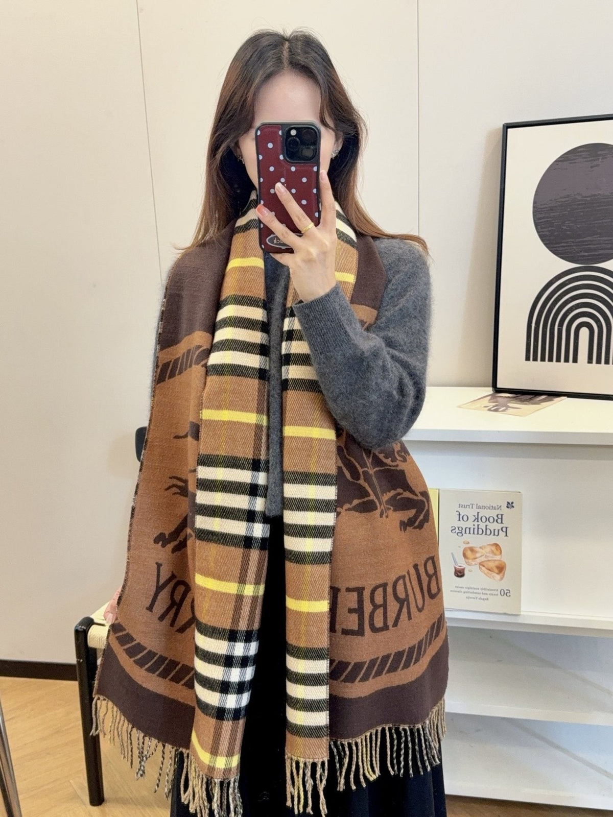 Burberry Brown Plaid Fringed Scarf — model