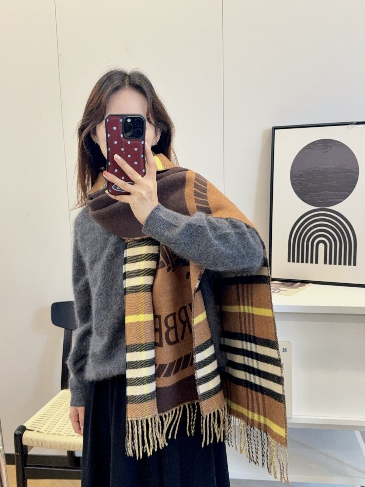 Burberry Brown Plaid Fringed Scarf — model