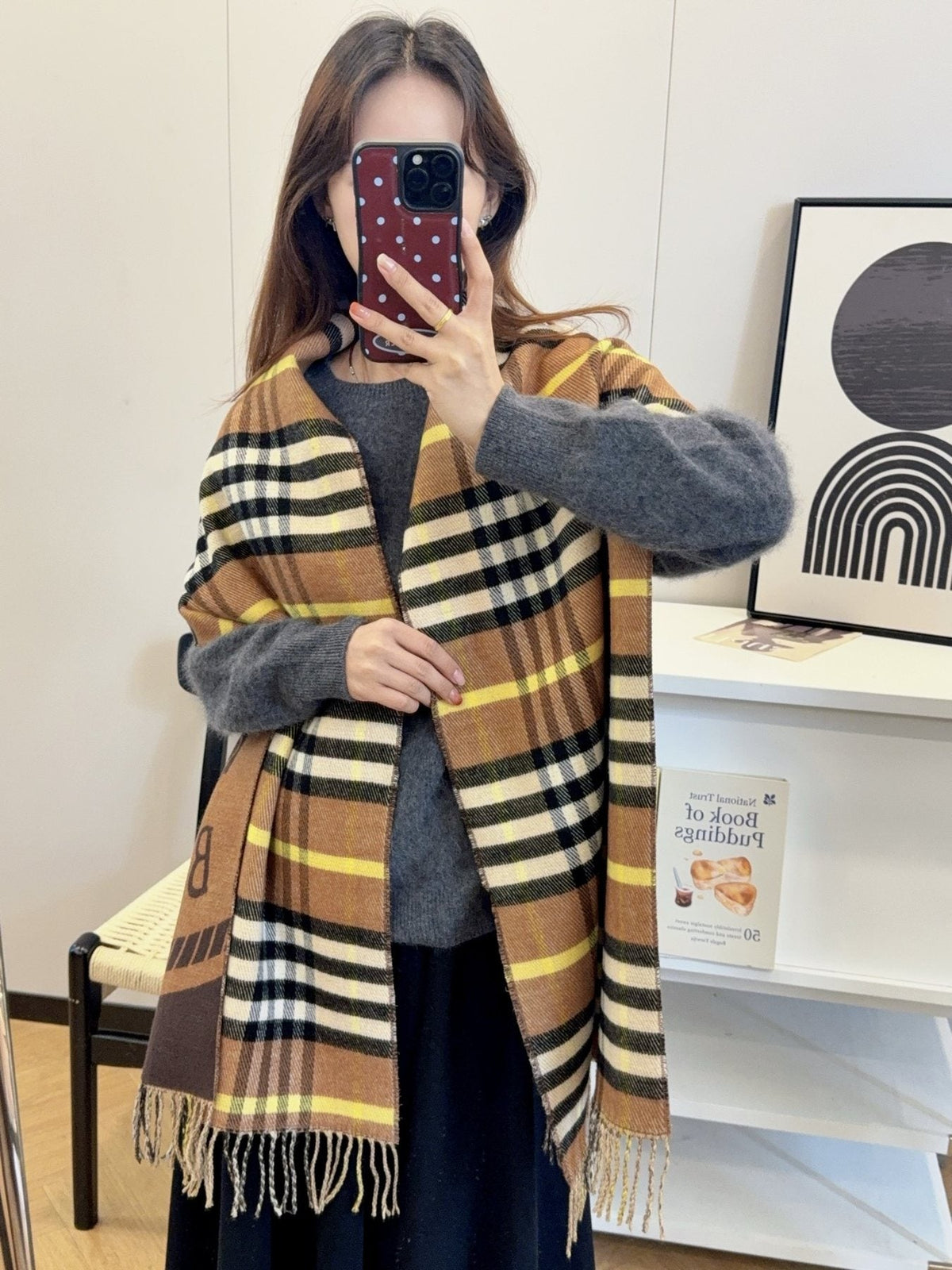 Burberry Brown Plaid Fringed Scarf — model