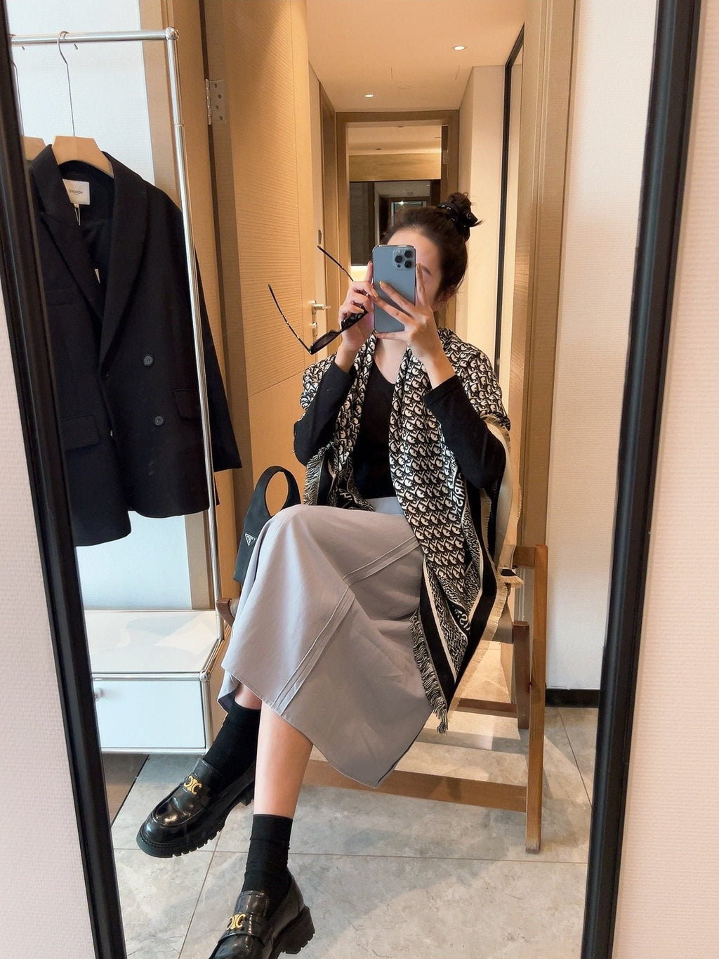 Dior Fringed Monogram Scarf — model