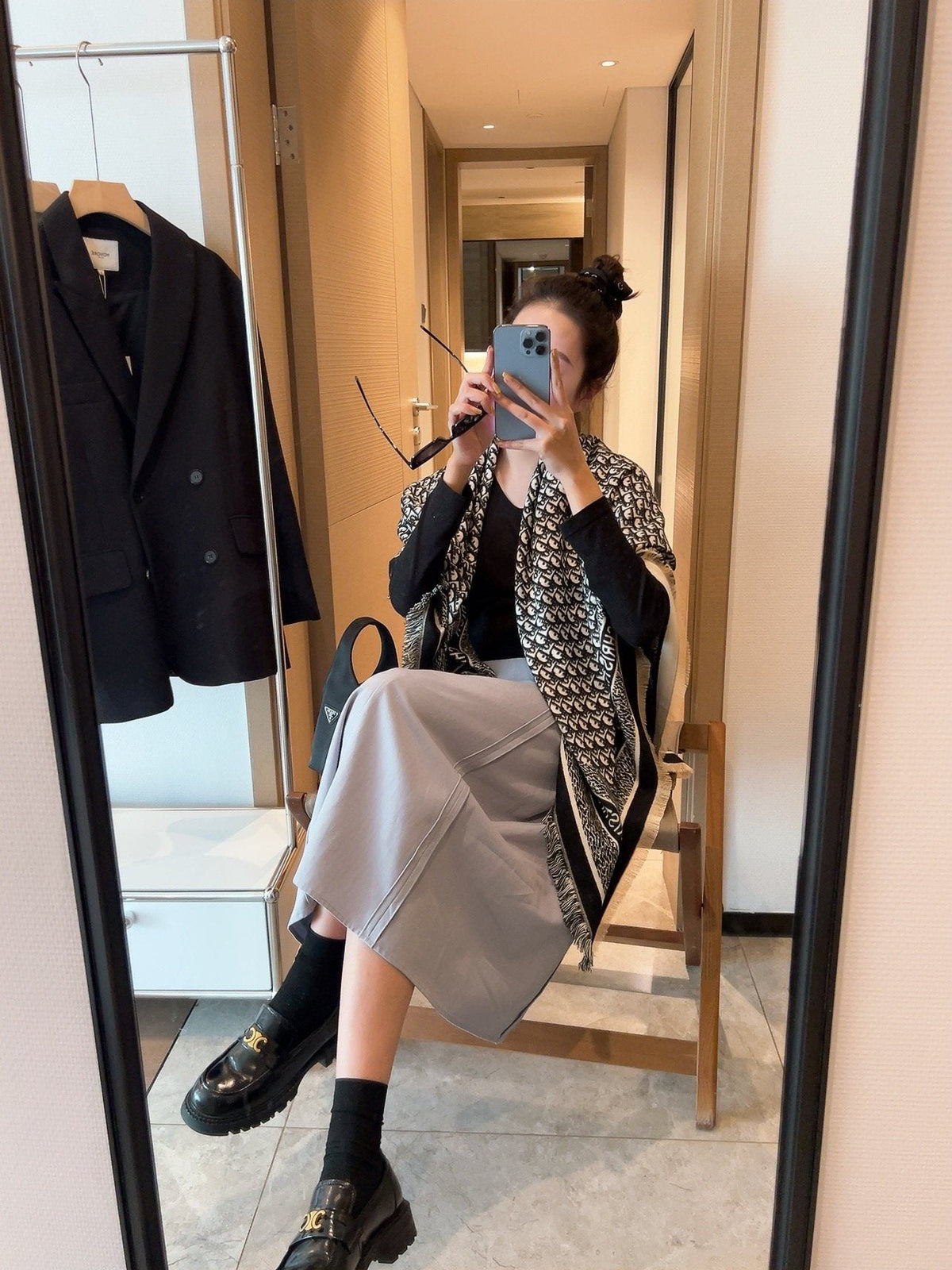 Dior Fringed Monogram Scarf — model