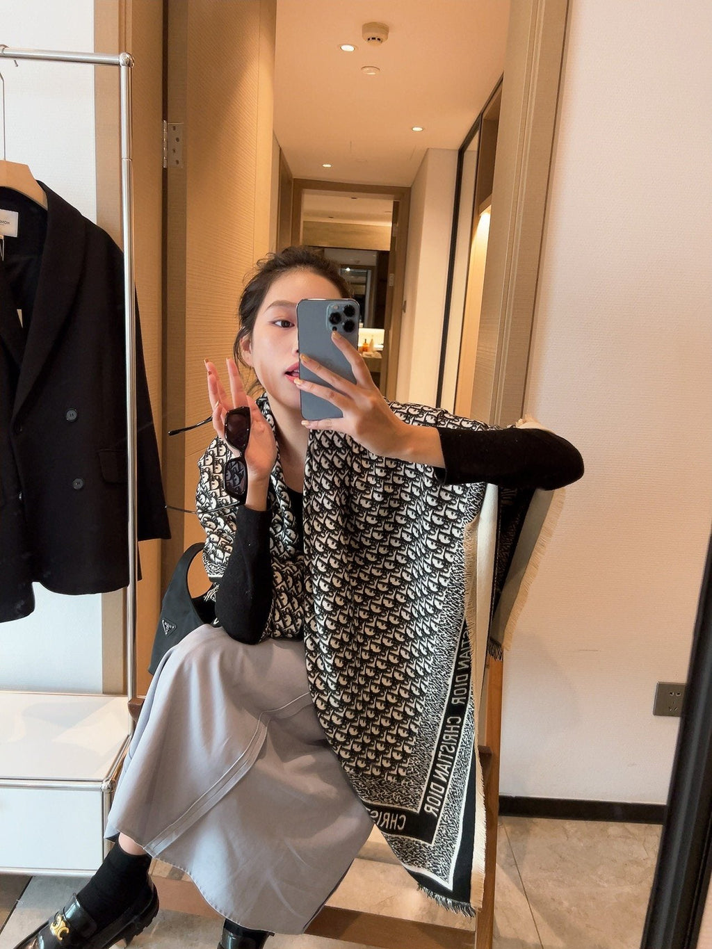 Dior Fringed Monogram Scarf — model