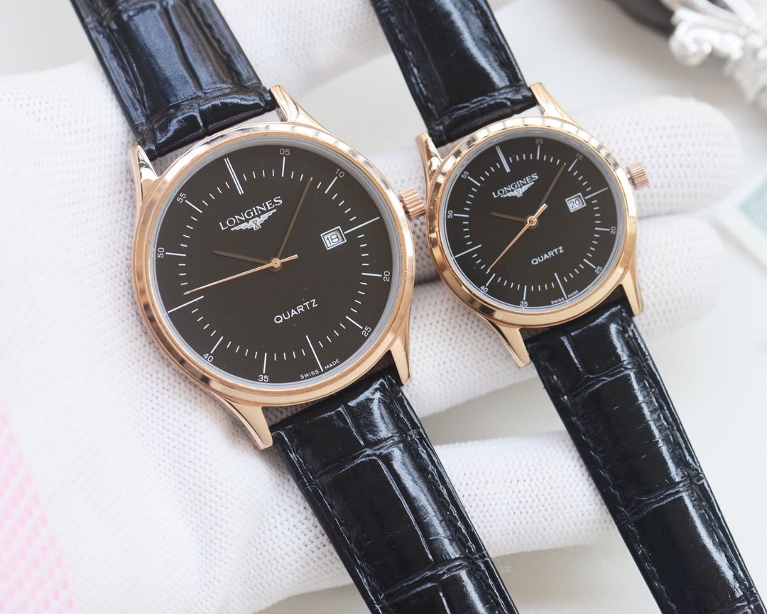Rose Gold Black Dial Leather Strap Couple Watch Set — hero