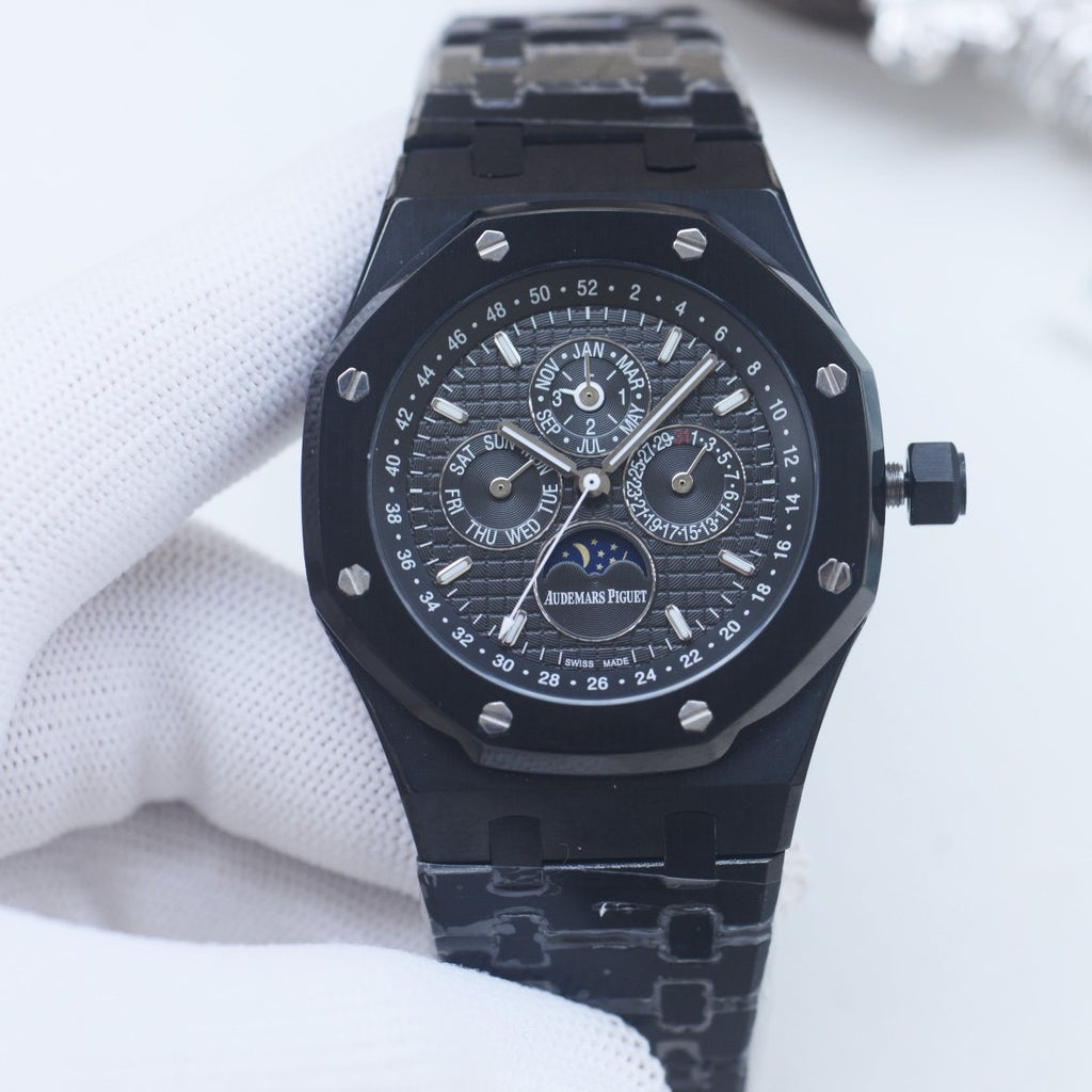 Audemars Piguet Black Chronograph Metal Bracelet Watch — front