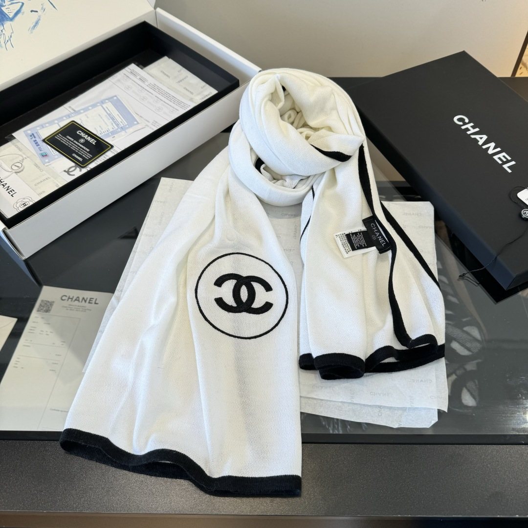 Chanel Reversible Contrast Trim Scarf Shawl — front