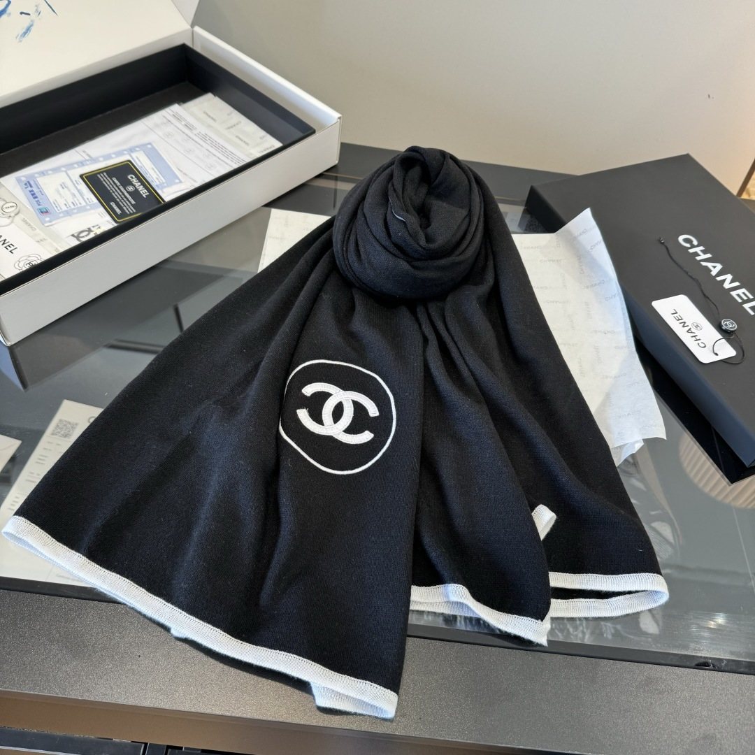 Chanel Reversible Contrast Trim Scarf Shawl — front