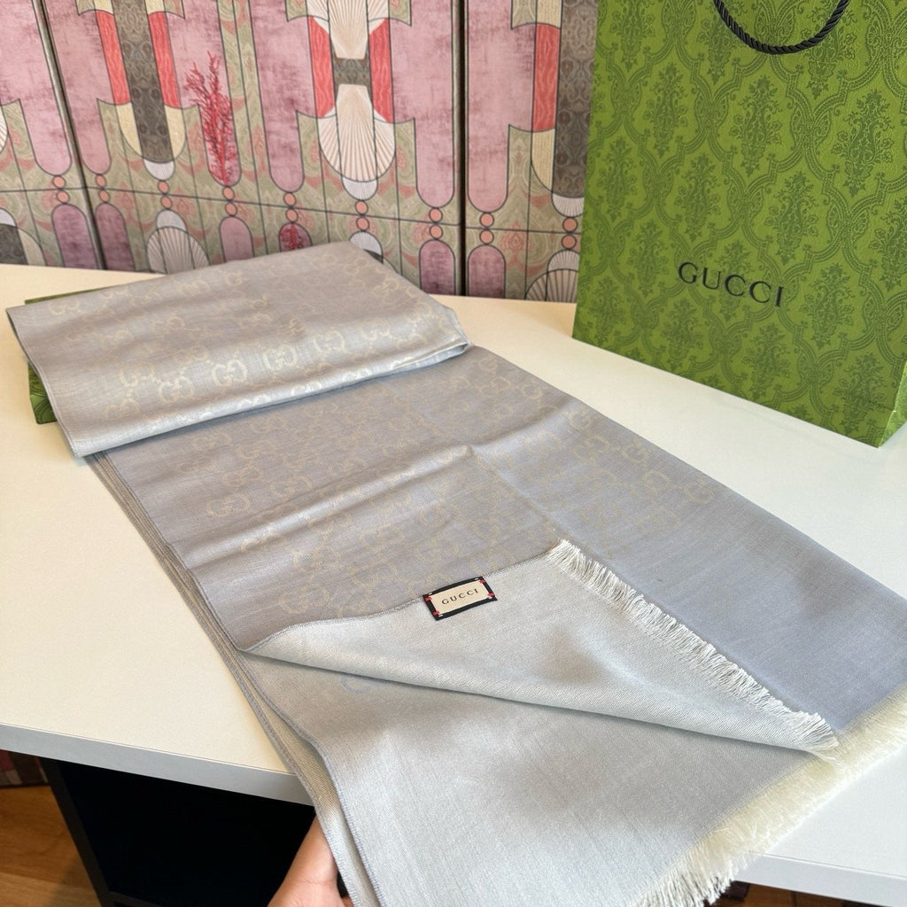 Gucci Reversible Monogram Fringe Scarf — front