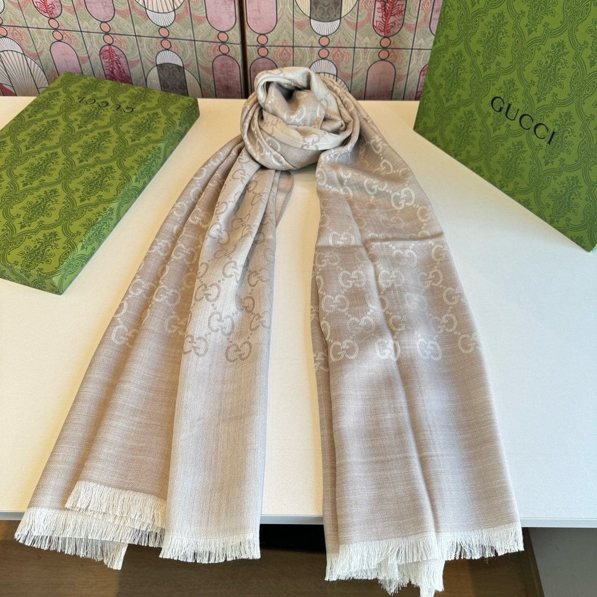 Gucci Reversible Monogram Fringe Scarf — front