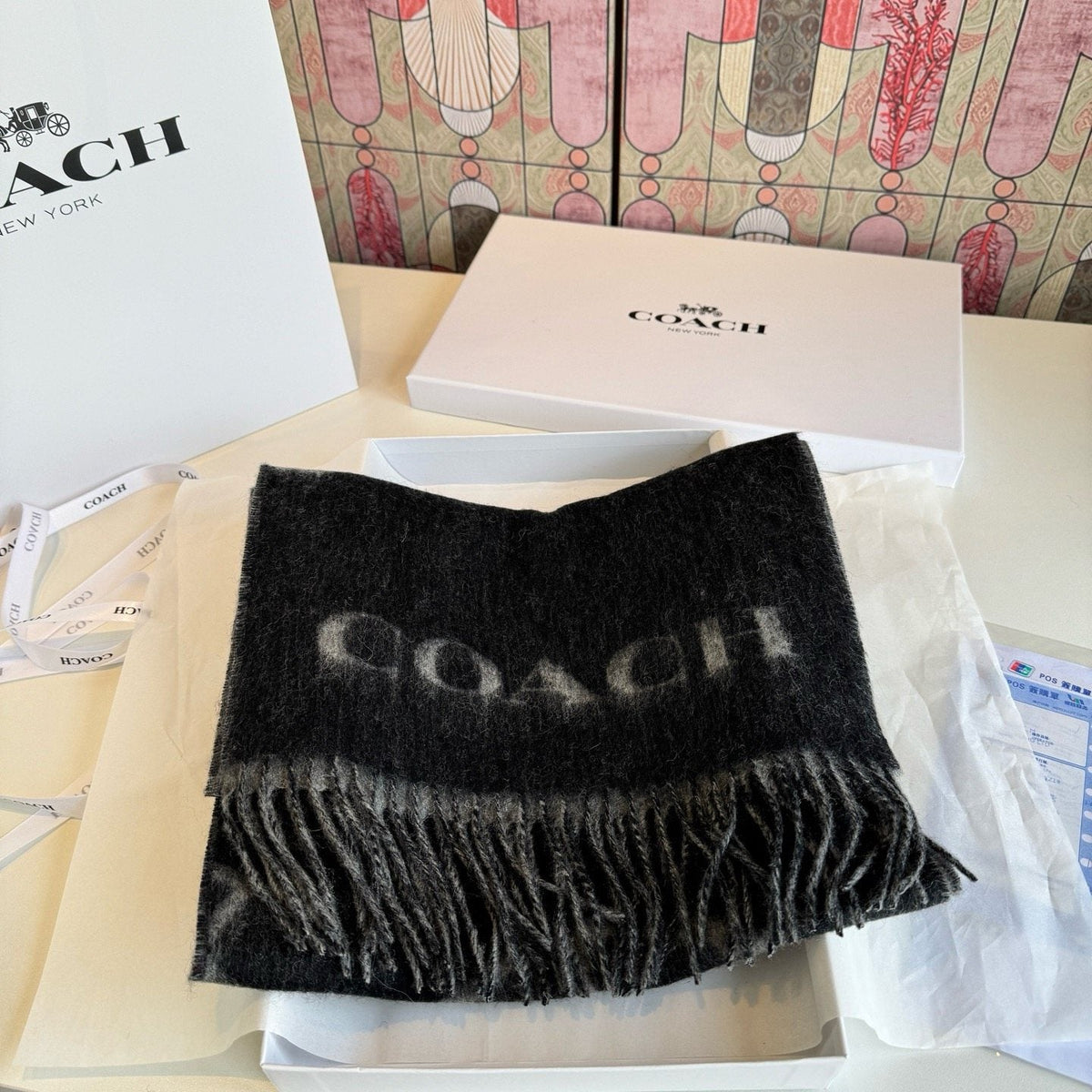 Coach Reversible Fringed Logo Scarf — detail