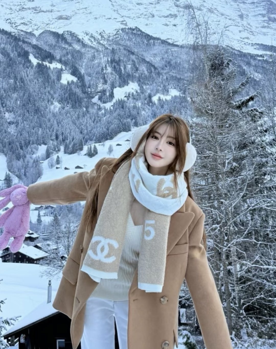 Chanel Knit Scarf with Ivory Motifs — model