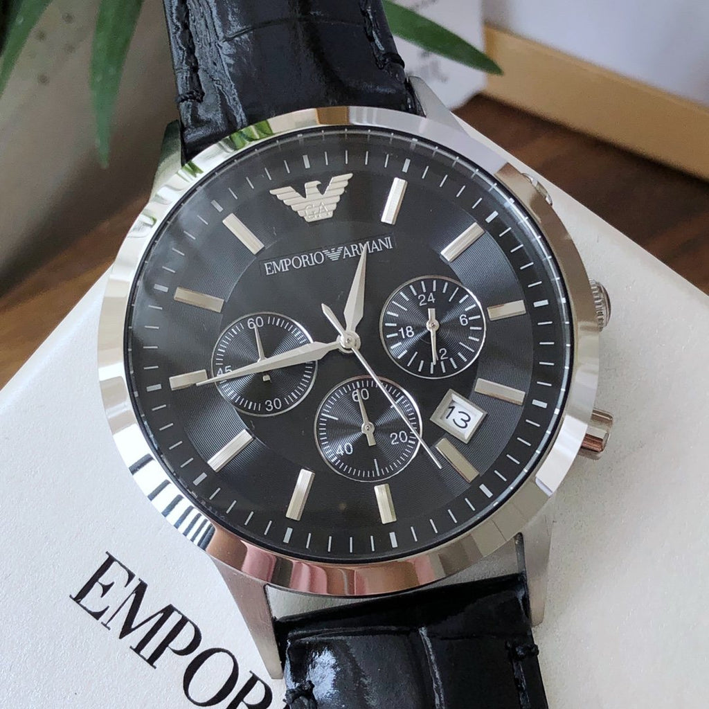 EMPORIO ARMANI Silver Black Dial Strap Watch — detail