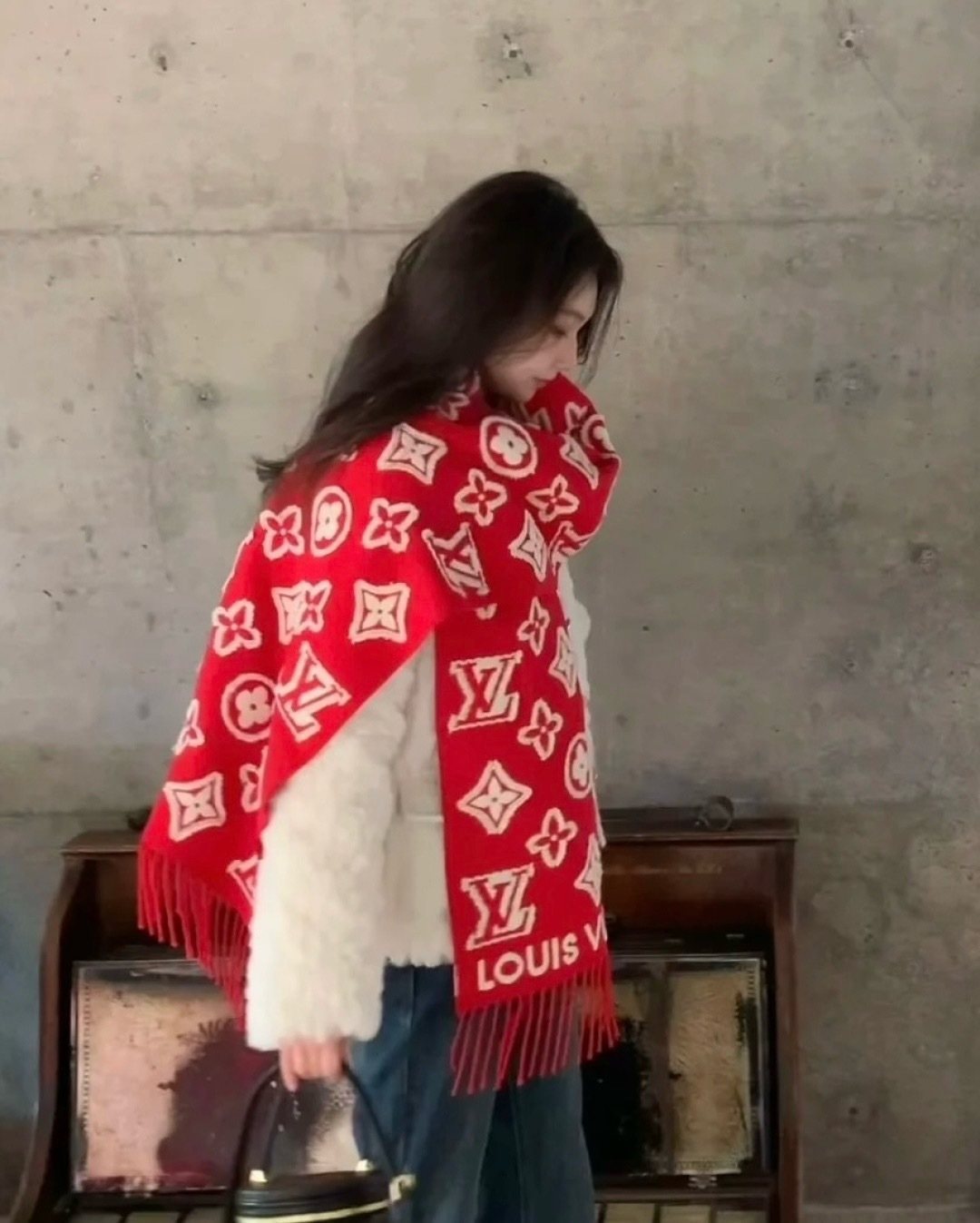 Louis Vuitton Fringed Monogram-Style Scarf — model