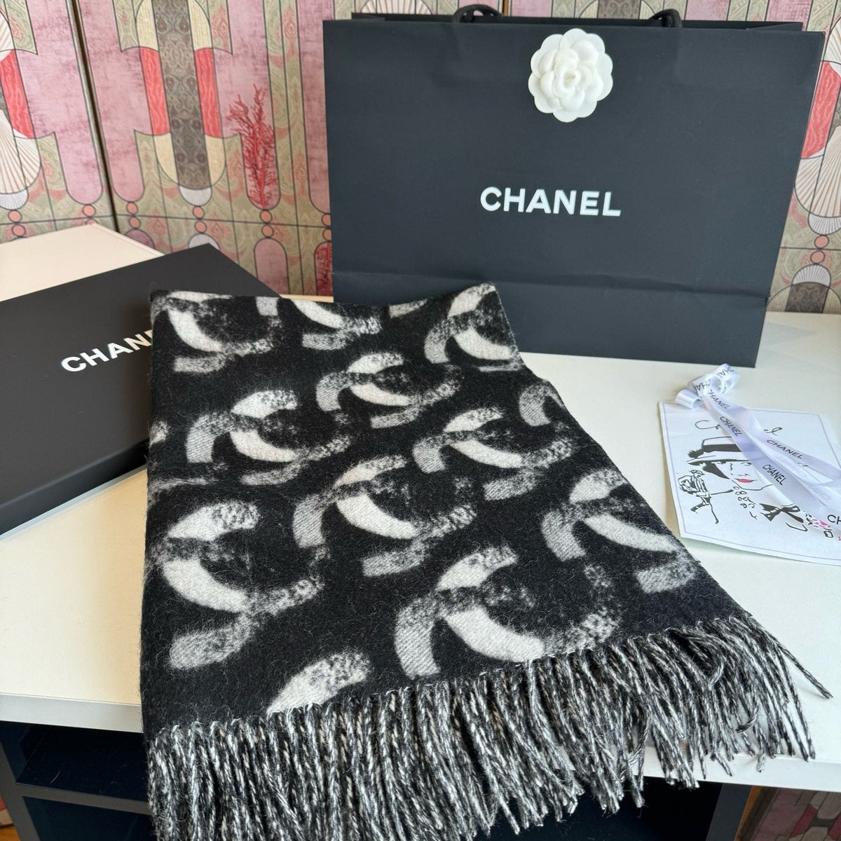 Chanel Black Fringed Patterned Scarf — side