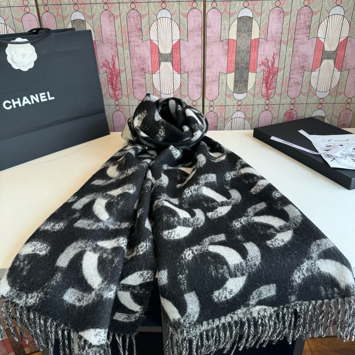Chanel Black Fringed Patterned Scarf — front