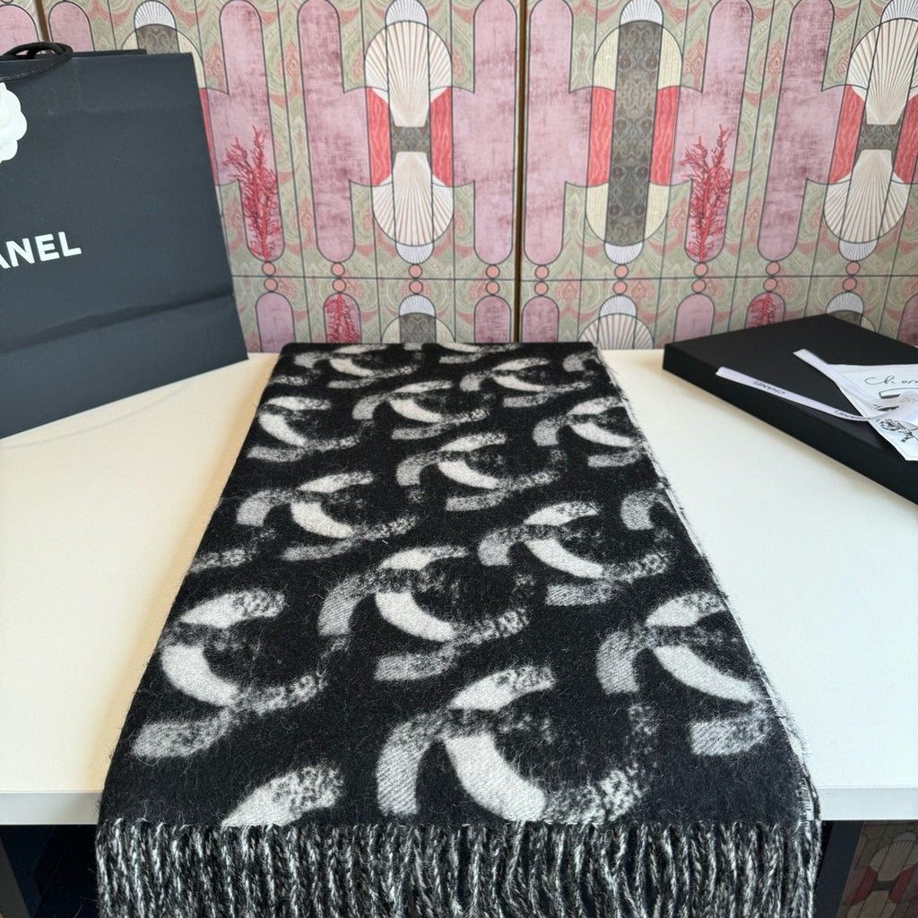 Chanel Black Fringed Patterned Scarf — hero