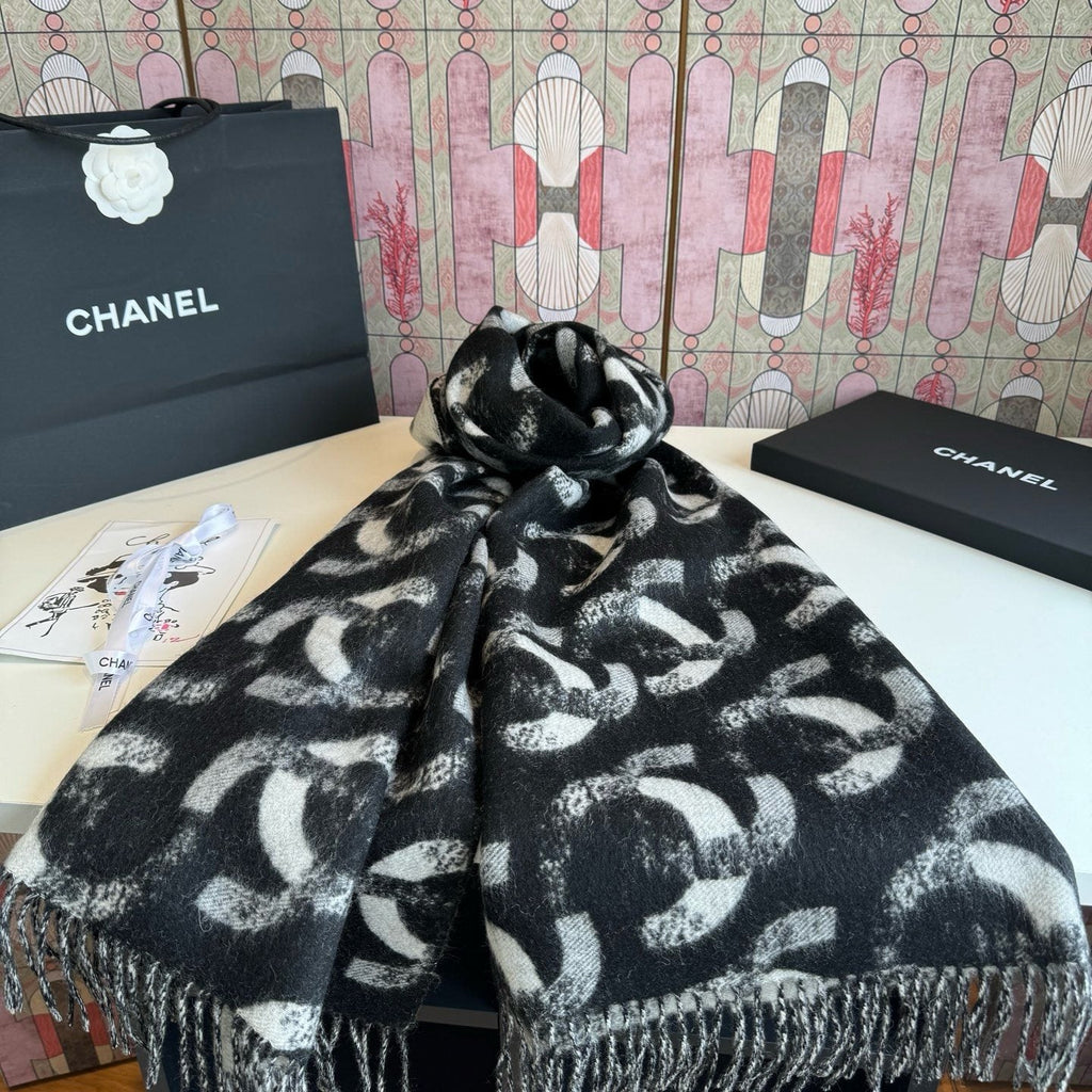 Chanel Black Fringed Patterned Scarf — front