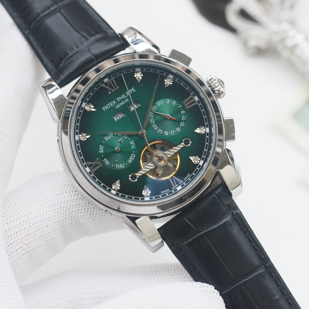 PATEK PHILIPPE Silver Black Green Dial Leather Strap Watch — hero