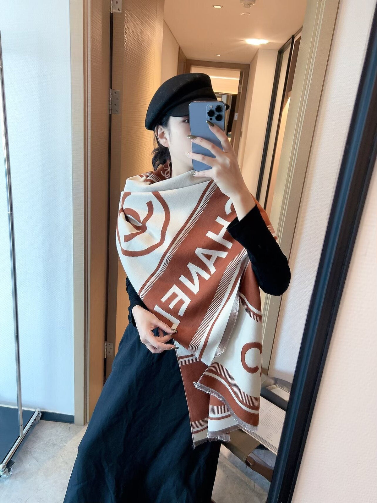Chanel Logo Border Scarf — model
