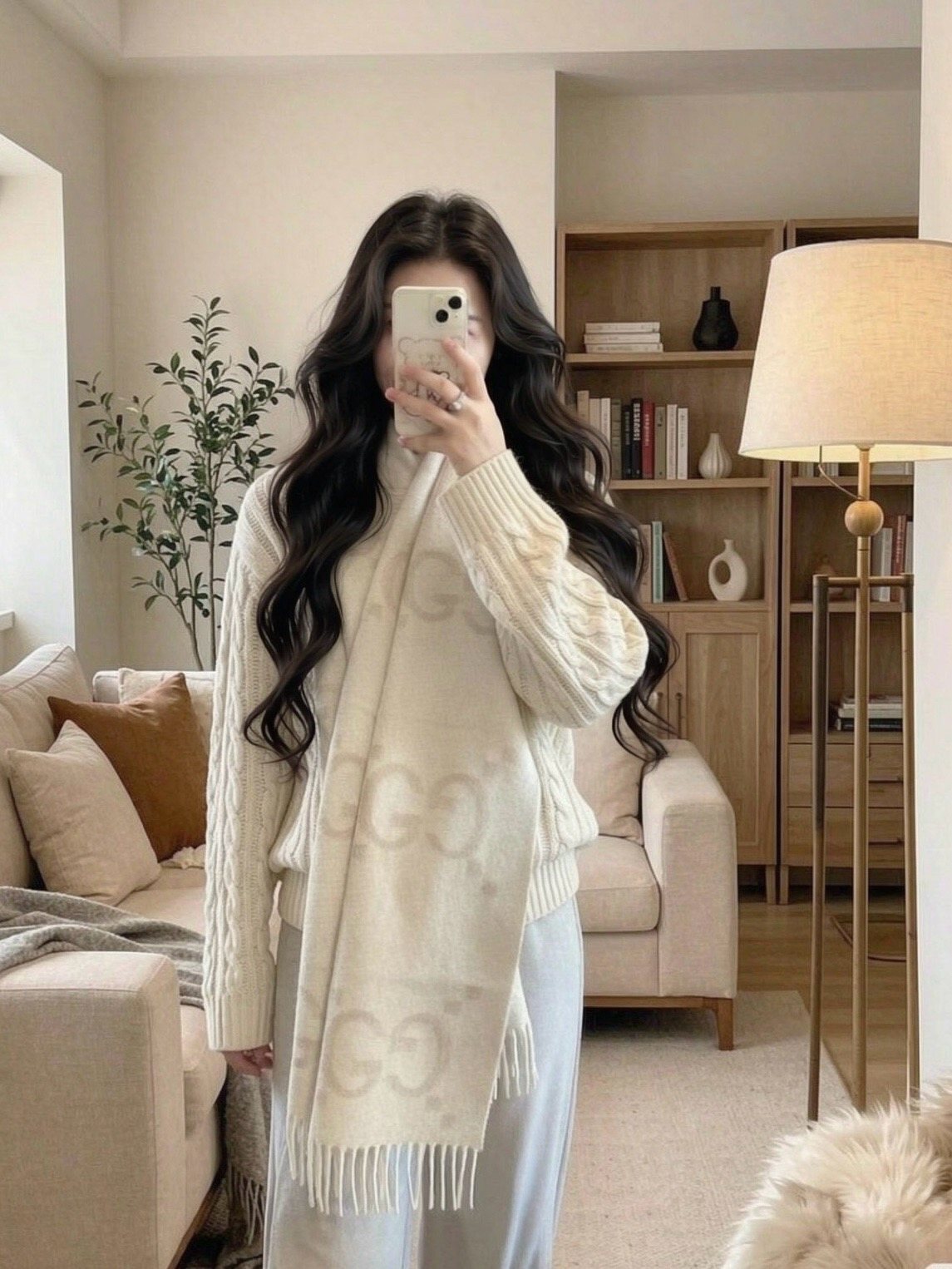 Gucci Beige & Ivory Fringed Scarf — model