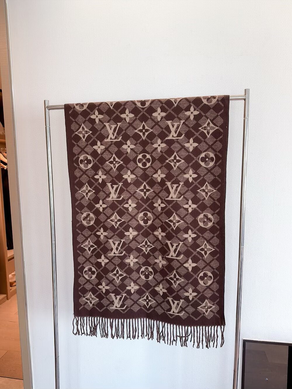 Louis Vuitton Dark Brown Fringed Patterned Scarf — hero