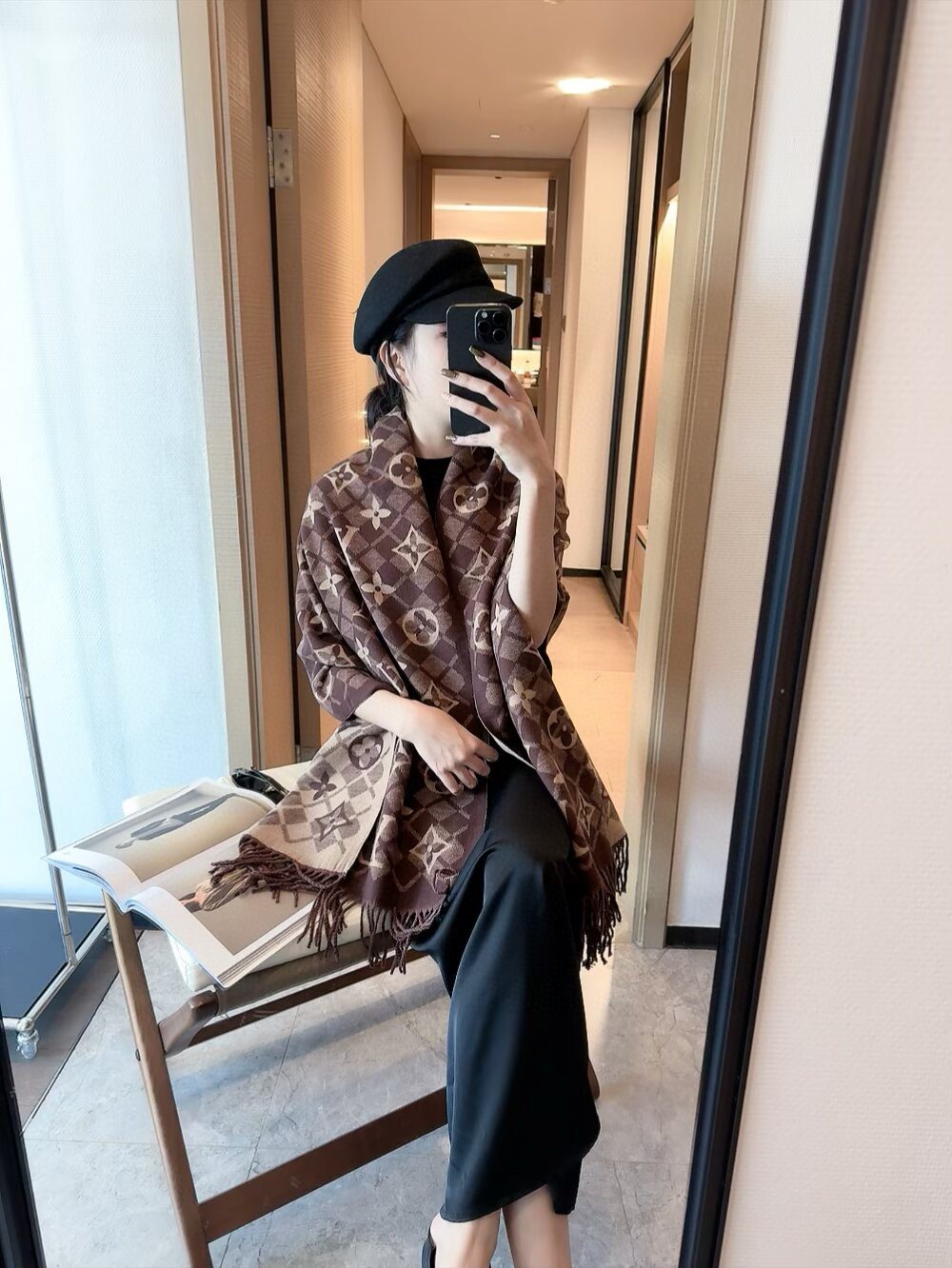 Louis Vuitton Dark Brown Fringed Patterned Scarf — model