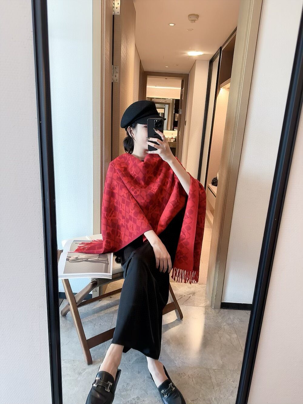 Louis Vuitton Dark Brown Fringed Patterned Scarf — model