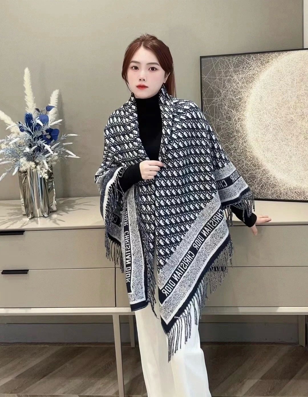 Dior Fringed Patterned Shawl — model