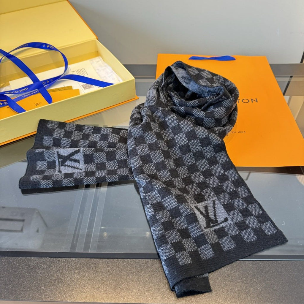 Louis Vuitton Black and Charcoal Checkerboard Scarf — front