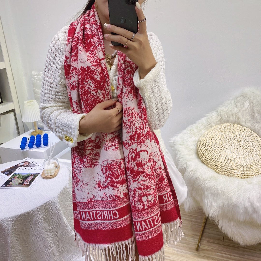 Dior Toile Print Fringed Scarf — model