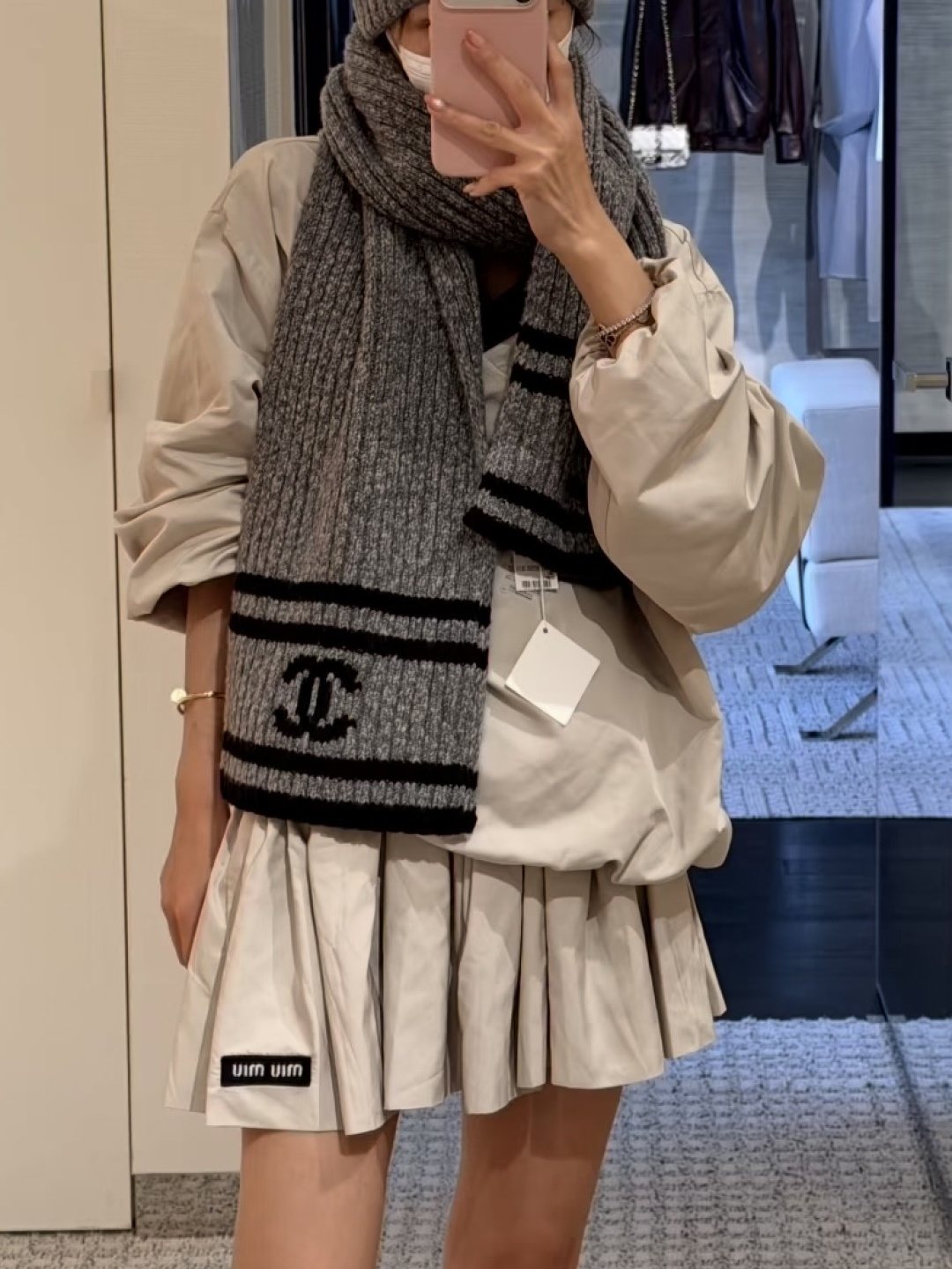 Chanel Rib-Knit Striped Scarf — model