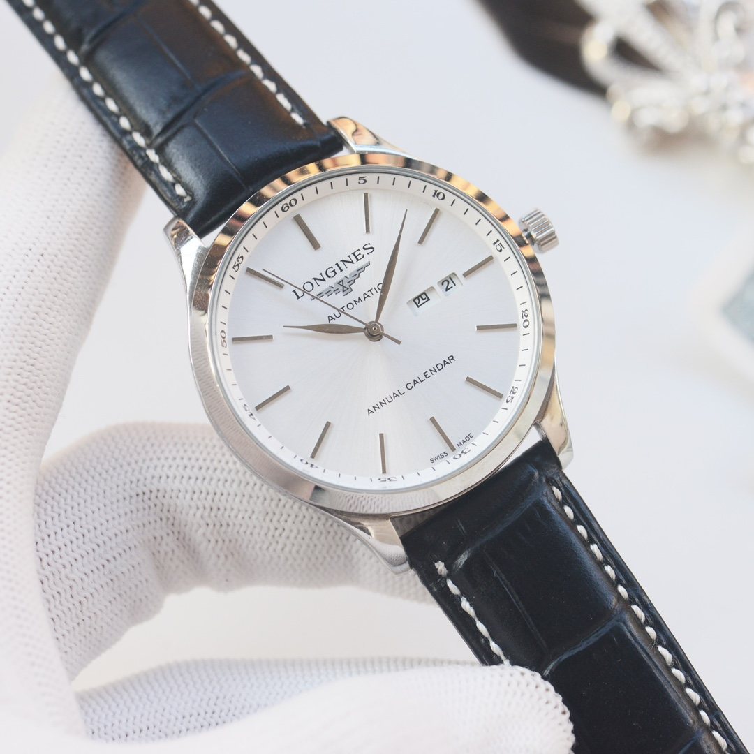 Black Silver White Dial Leather Strap Watch — front