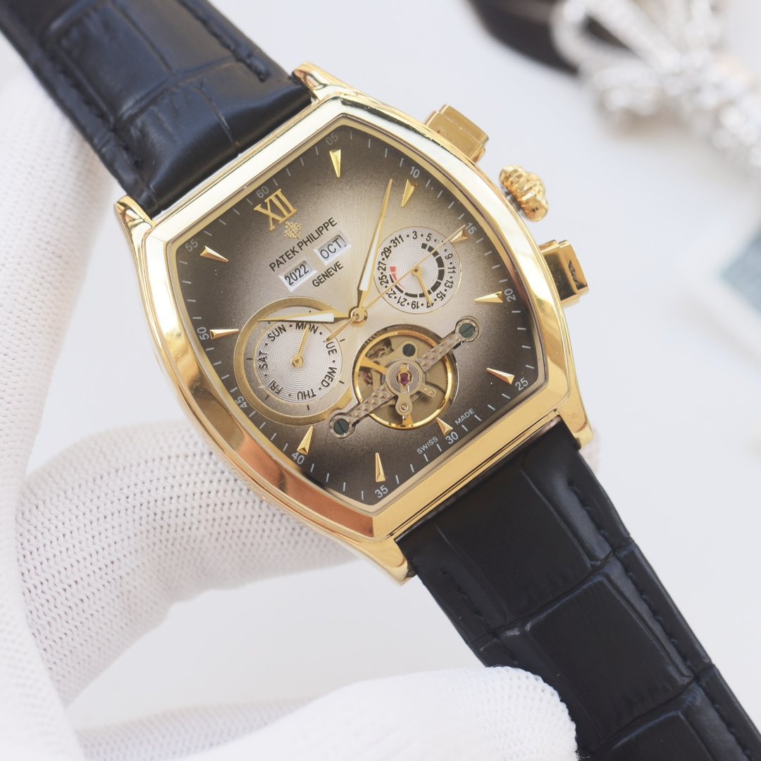 PATEK PHILIPPE Gold Black Leather Strap Watch — hero