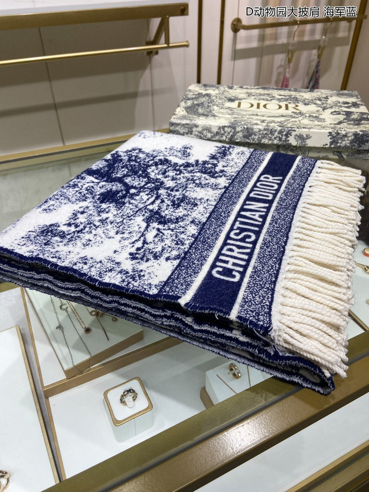 Dior Navy Toile Fringed Shawl — detail