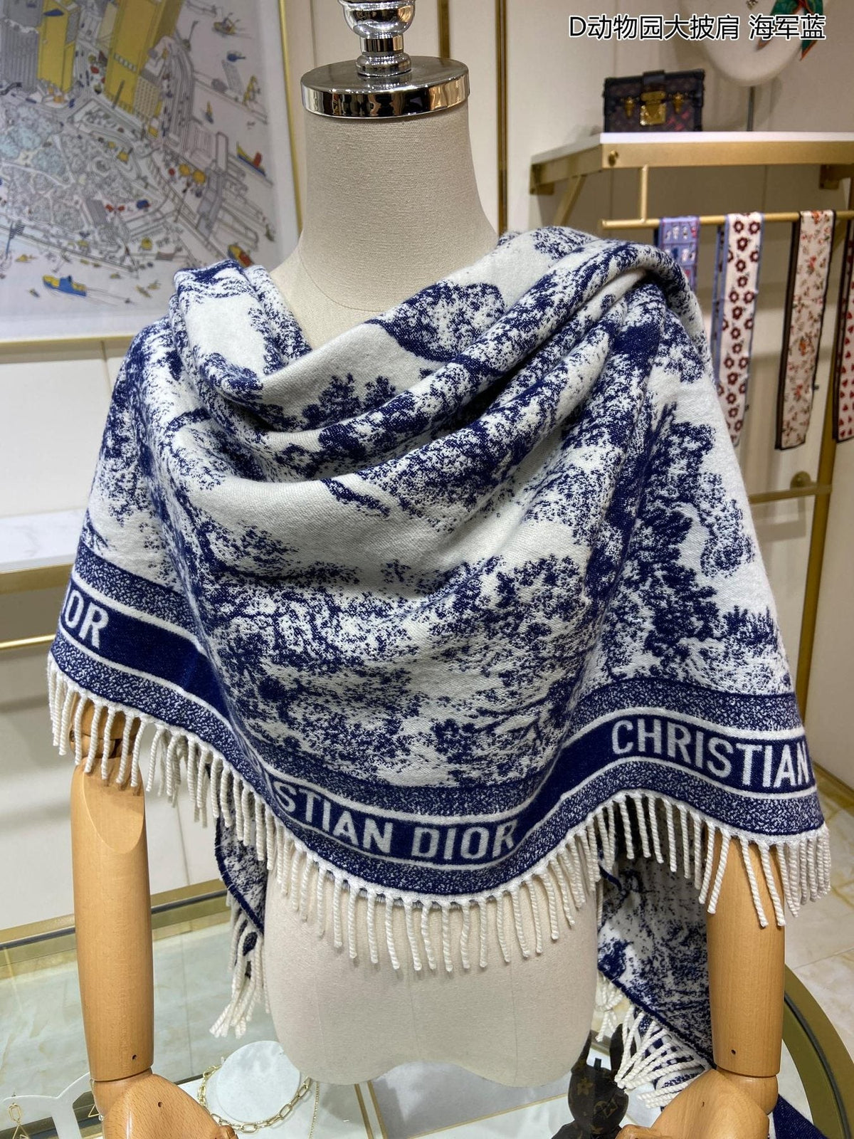 Dior Navy Toile Fringed Shawl — model