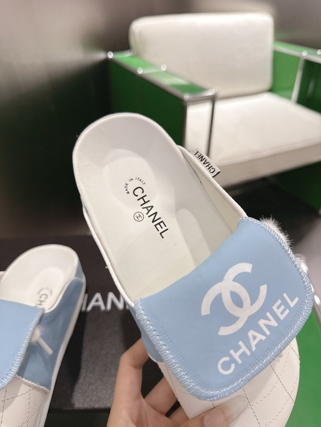 Chanel Quilted Closed-Toe Slide Sandals — front