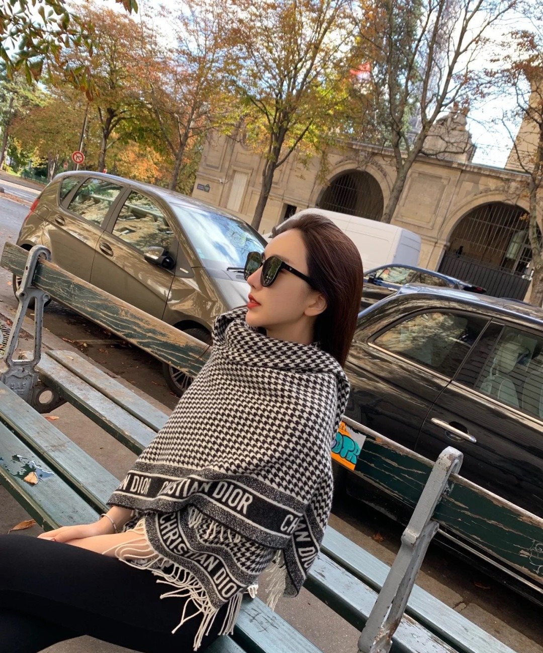 Dior Houndstooth Fringe Scarf — model