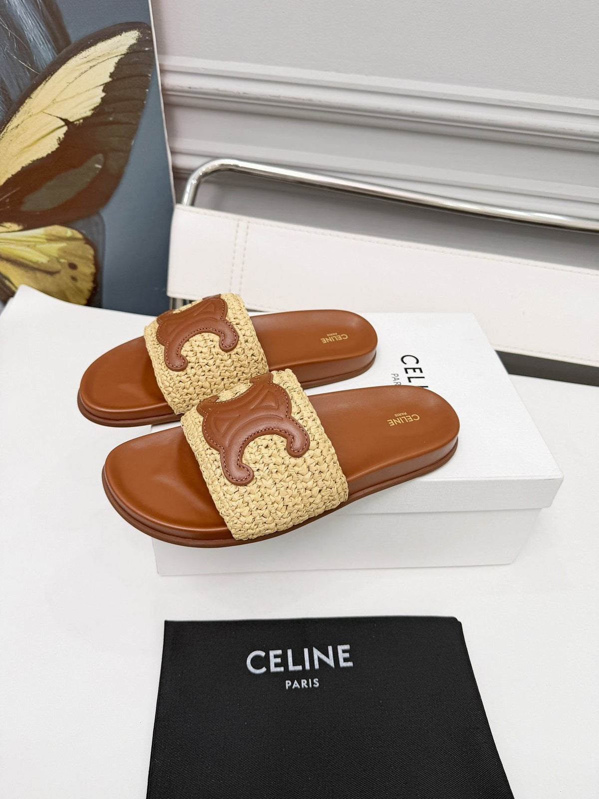 Celine Woven Emblem Slide Sandals — front