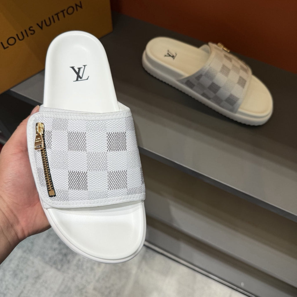 Louis Vuitton Checkered Zipper Slide Sandals — front