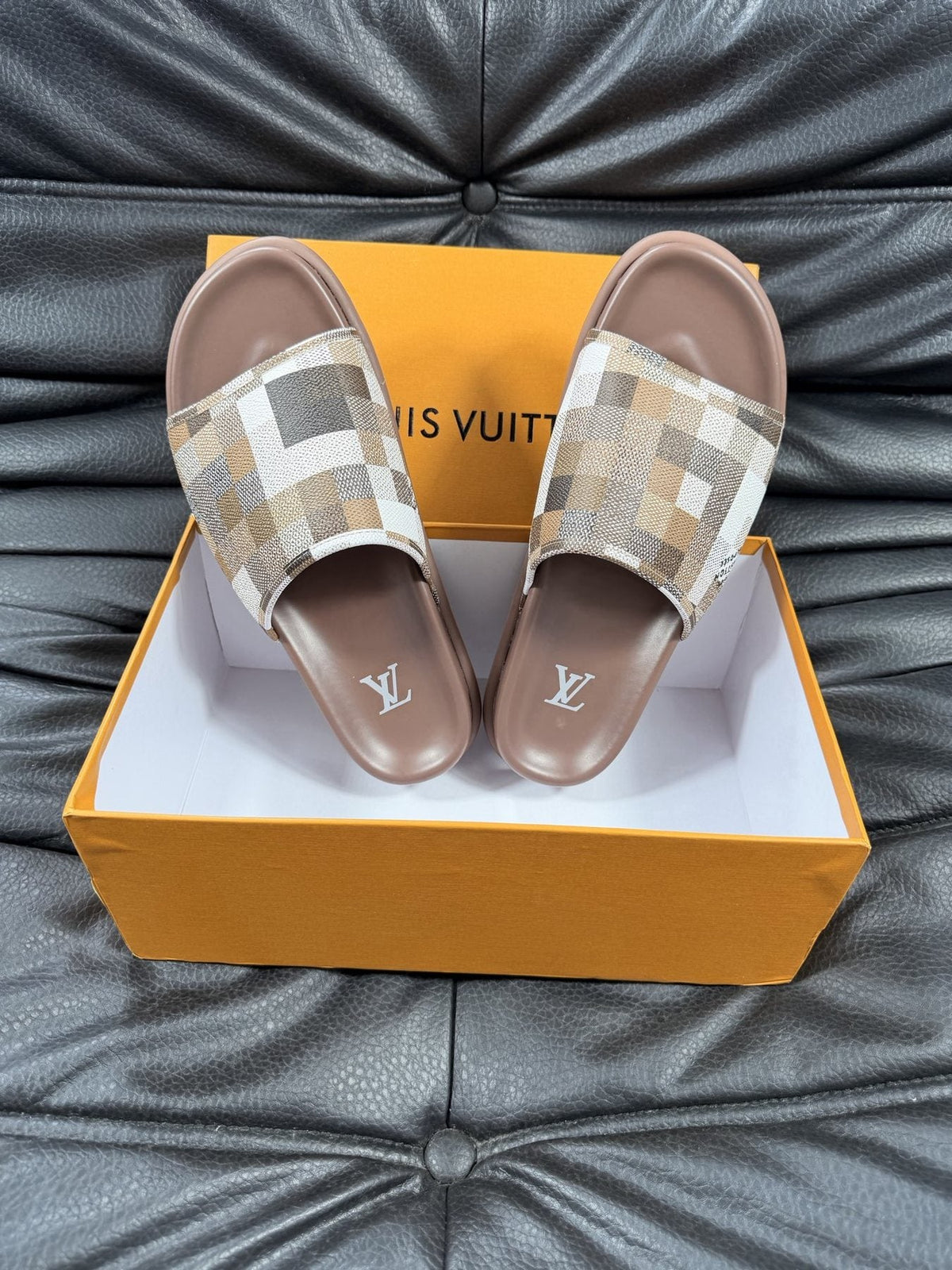 Louis Vuitton Checkered Slide Sandals — front