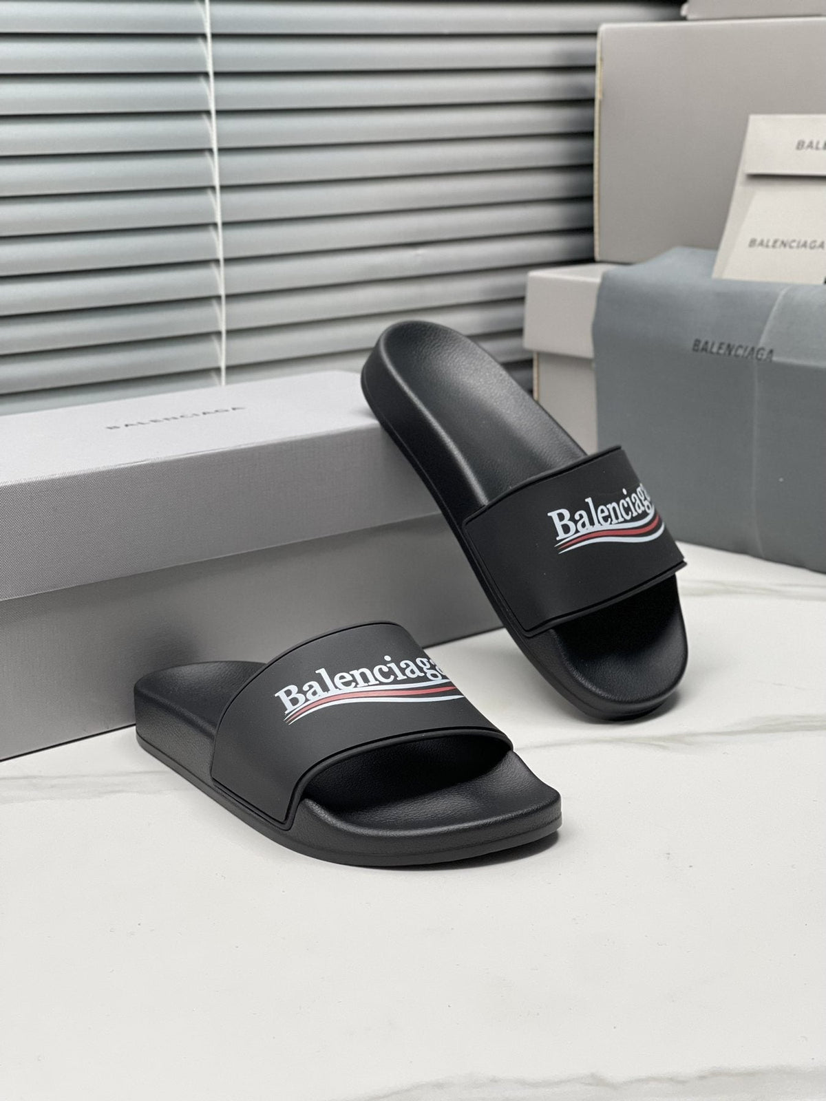 Balenciaga Logo Stripe Slide Sandals — detail