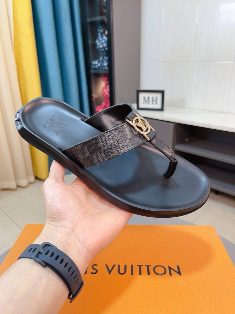 Louis Vuitton Dark Brown Check Thong Sandals — model