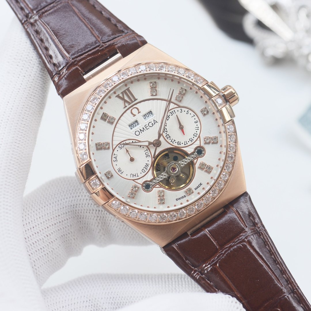 OMEGA Rose Gold Brown Silver Dial Strap Watch — hero