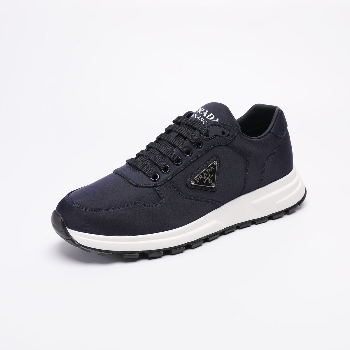 PRADA Navy Triangle Badge Sneakers — side