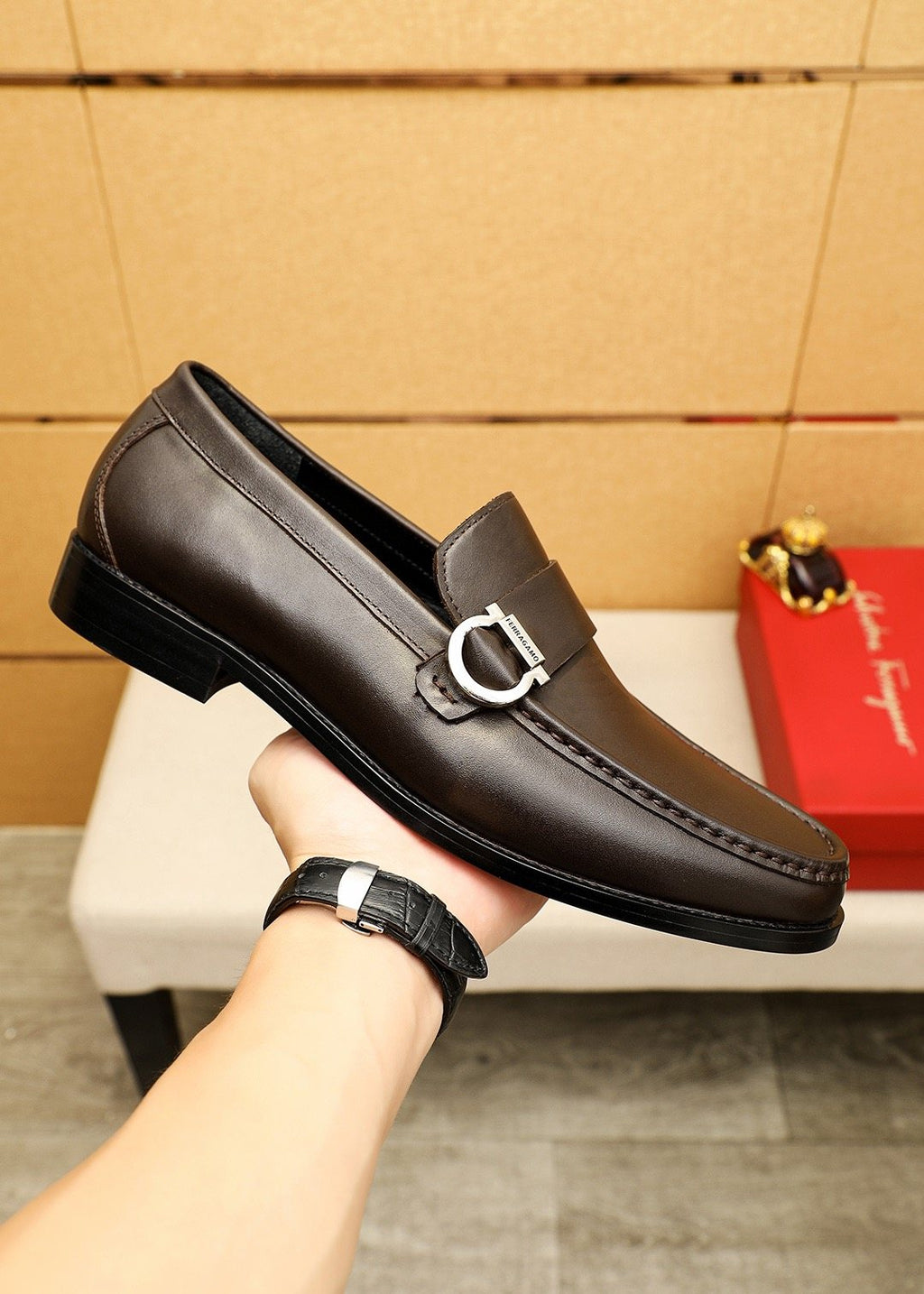 Ferragamo Leather Buckle Loafers — model