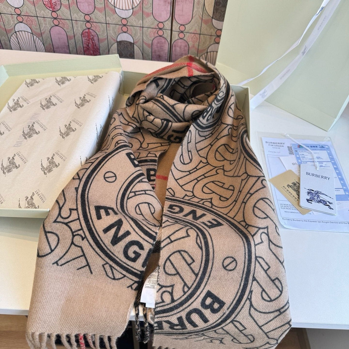 Burberry Reversible Check Monogram Scarf — detail