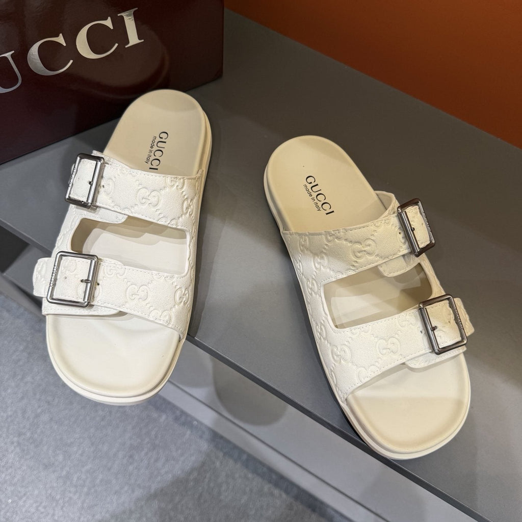 Gucci Two-Buckle Monogram Slide Sandals — front