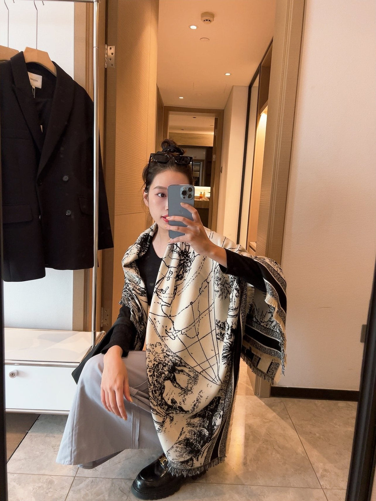 Dior Toile Print Fringed Shawl — model