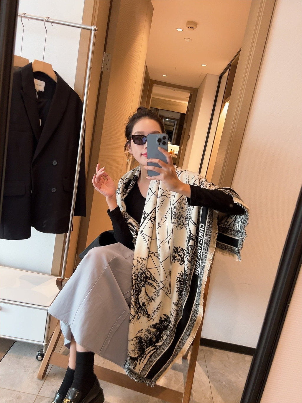 Dior Toile Print Fringed Shawl — model