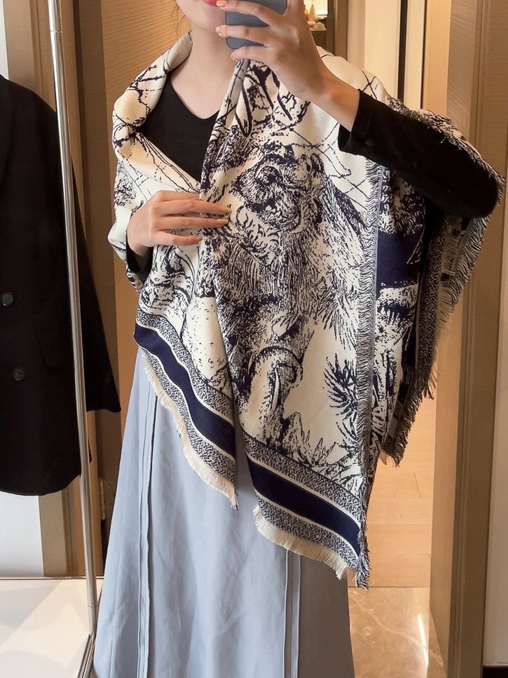 Dior Toile Print Fringed Shawl — model
